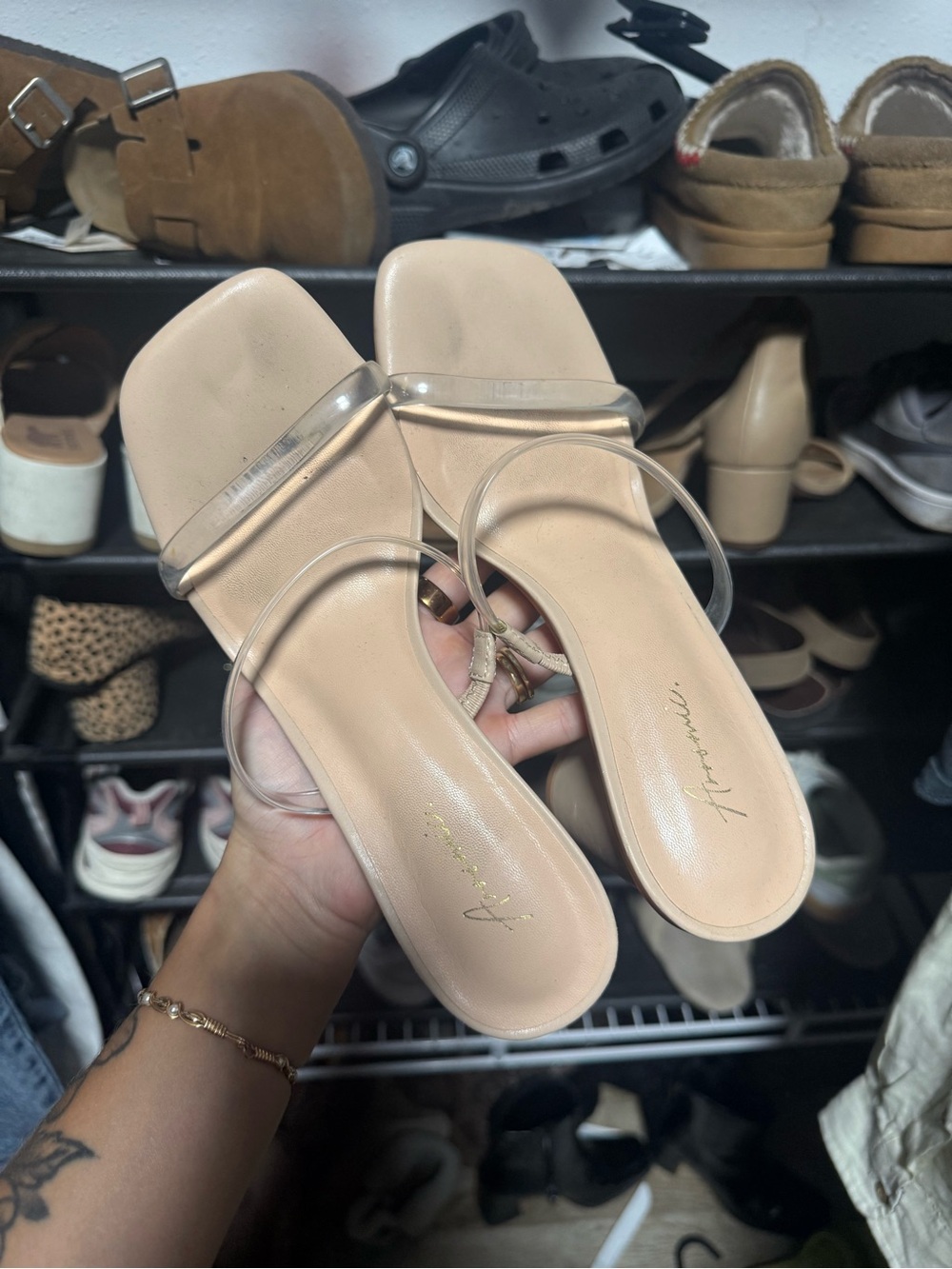 Amazon Nude Clear-Strap Slide Heels